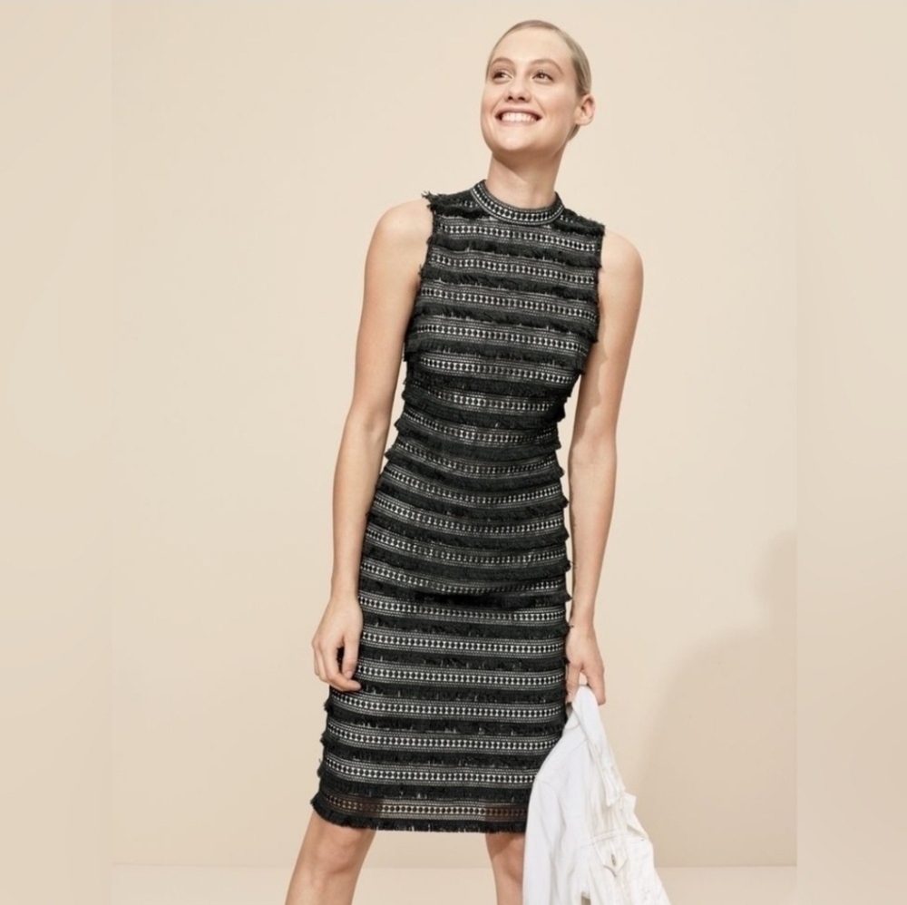 J. CREW Black And Nude Fringe Lace Sheath Dress Size 10 Tall - Picture 3 of 9
